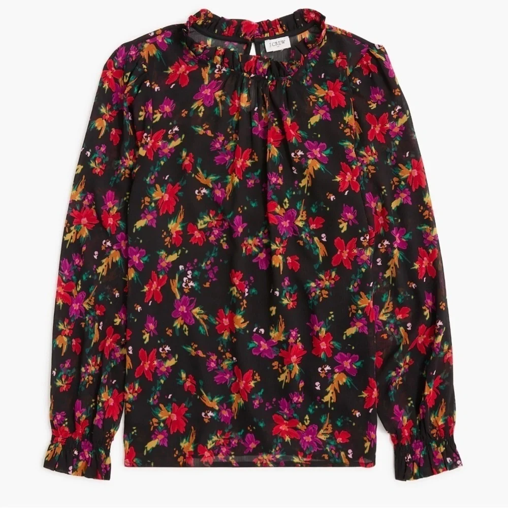J. Crew Red and Pink Puff Sleeve Blouse